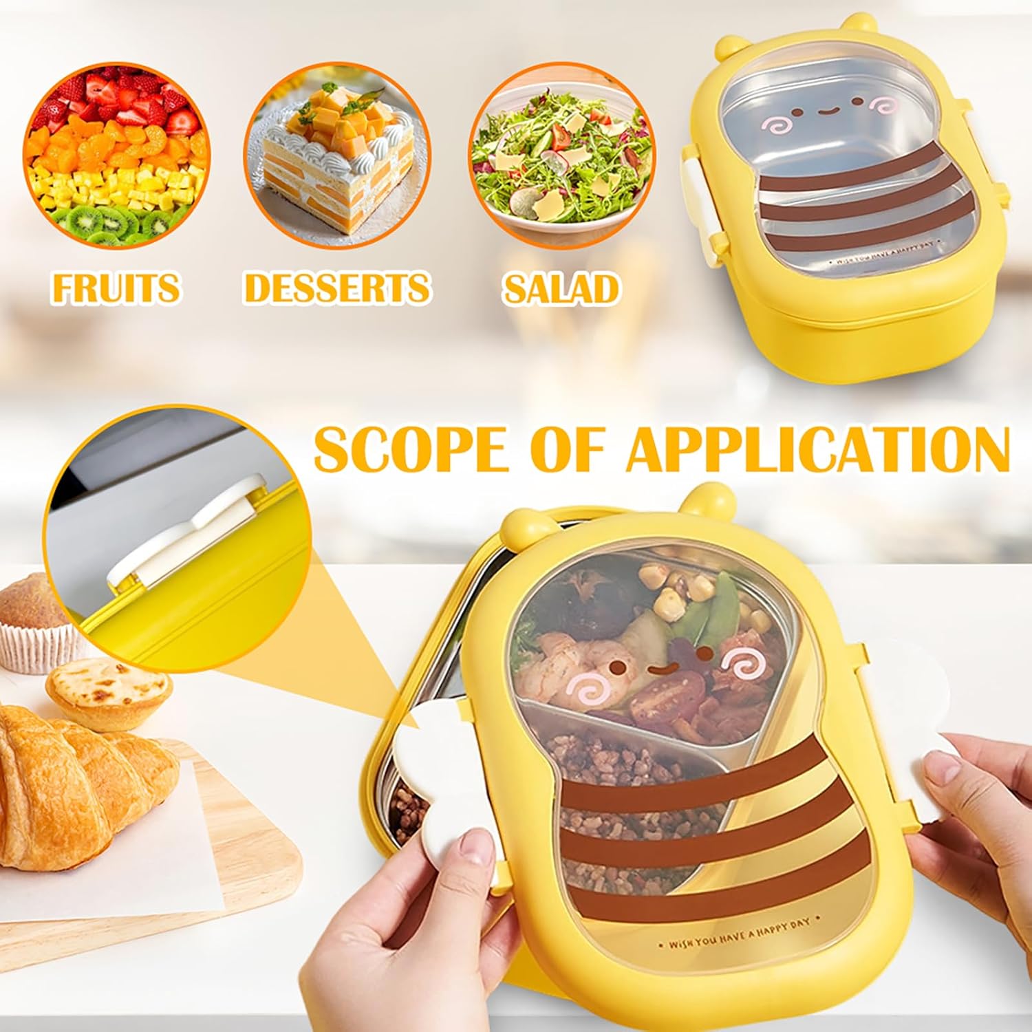LUPATDY Children's Lunch Box with Compartments, Cartoon Bee Lunch Box Children Adults, Stainless Steel Leak-proof Lunch Box, Small Lunch Box for Picnic, Work, School, Nursery – Bild 5