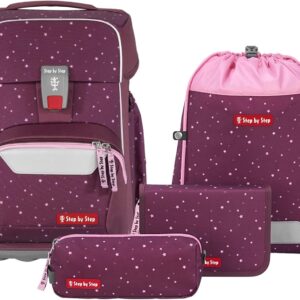 Step by Step Basic Berry Stars School Bag Set, 4 Pieces, Berry, Ergonomic Satchel with Reflectors, Hip and Chest Strap, for Children from 1st Grade, 20 Litres