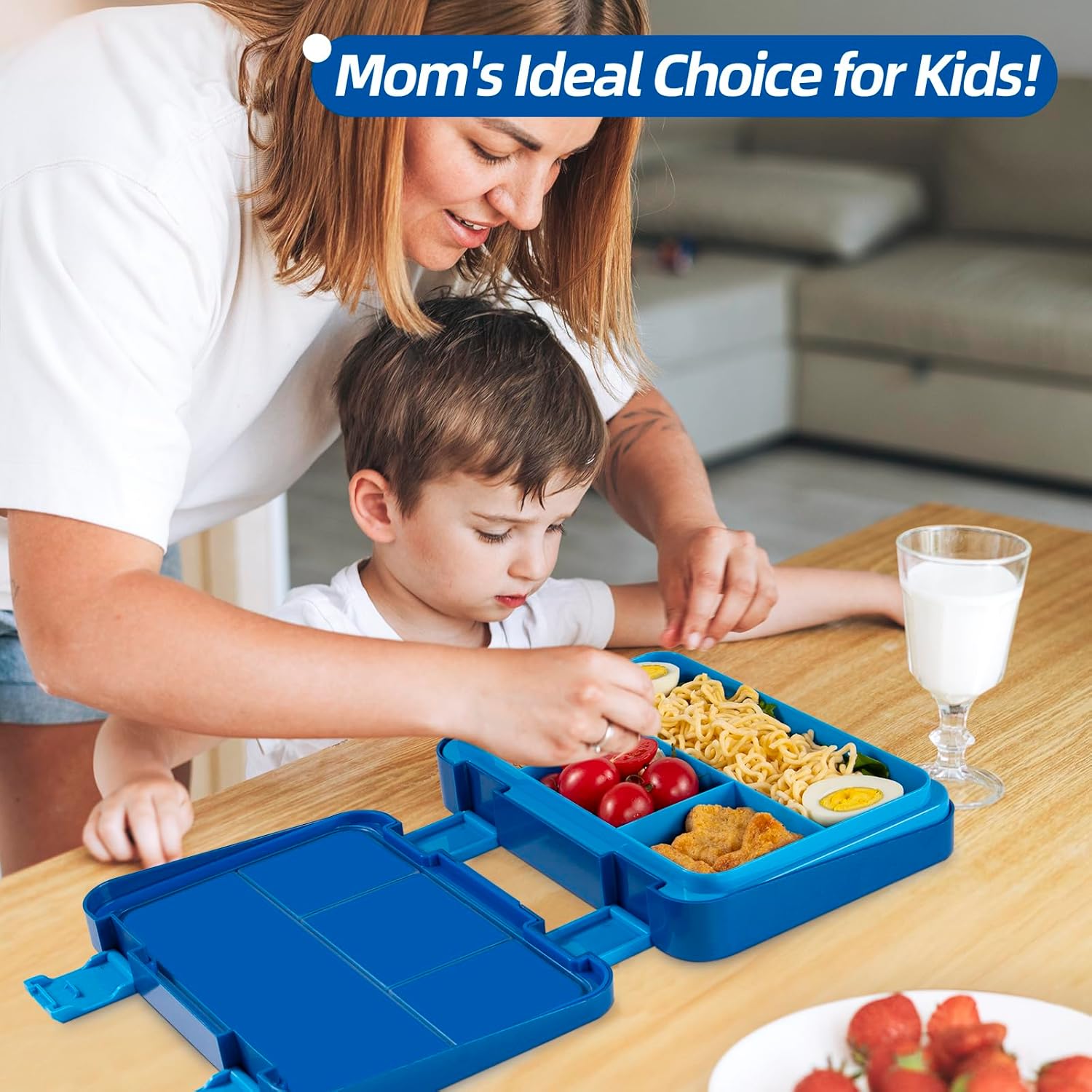QCQHDU Children's Lunch Box with 5 Compartments - Lunch Box with Dividers, 1300 ml Bento Box for School, Nursery, Outdoor, Leakproof, Dishwasher Safe, BPA-Free, Food Container with Cutlery (Blue) – Bild 7