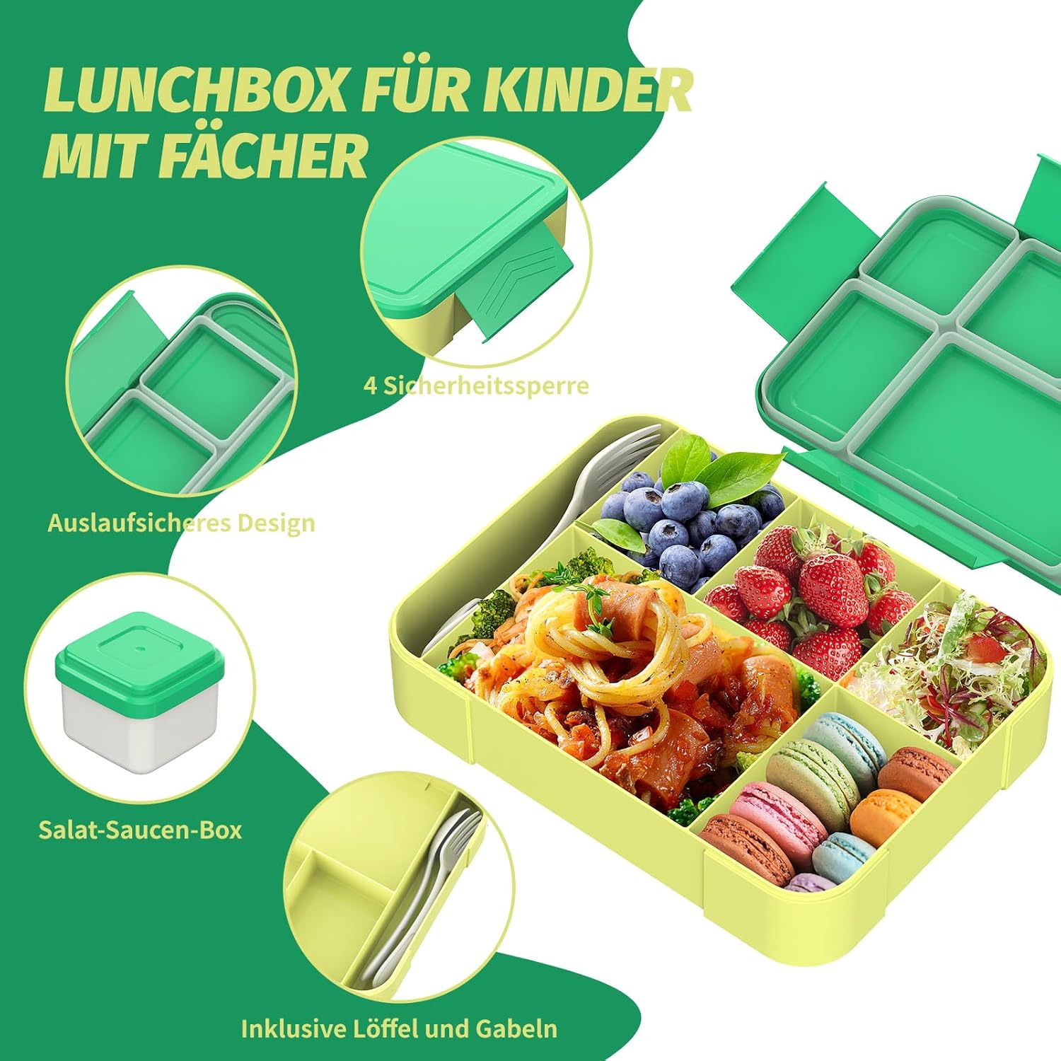 Children's Lunch Box with Compartments, 1300 ml Lunch Box for Children, Leak-Proof Bento Box with 5 Compartments, Cutlery Set, Lunch Box for Nursery, School, Picnic, Excursions (Green) – Bild 3