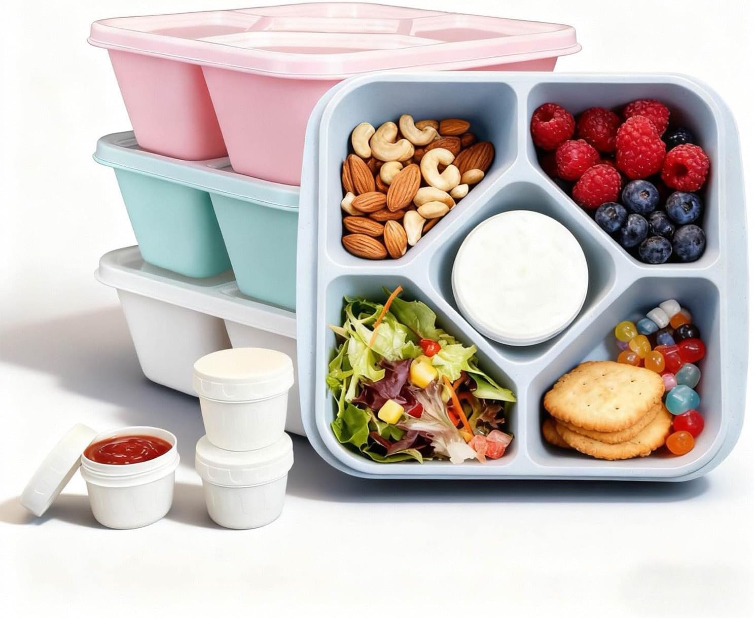 Snack Box with 5 Compartments, 4 Leak-Proof Salad Containers, With Transparent Lid BPA Free, Dishwasher Safe. Perfect as Meal Prep Boxes. For Adults and Children