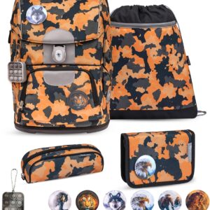 Belmil Motion Ergonomic School Bag Set, 5 Pieces, Made of Recycled Material with Chest Strap, Waist Belt, Magnetic Closure, Patch Set of 6 (405-74/AG/S)