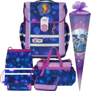 Generisch Ocean - Seahorse - McNeill Ergo MAC with McAddy School Bag Set 7 Pieces with School Bag and Sports Bag - Free Patch, Blue with lilac