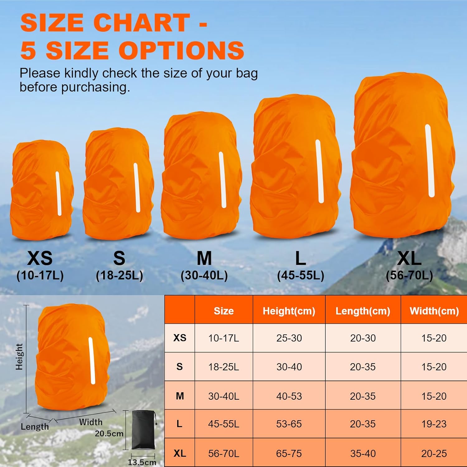 LAMA Backpack Rain Cover Waterproof Rain Cover School Bag with Reflective Strips Adjustable Buckle S (18L-25L) M (26L-40L) L (41L-55L), orange – Bild 3