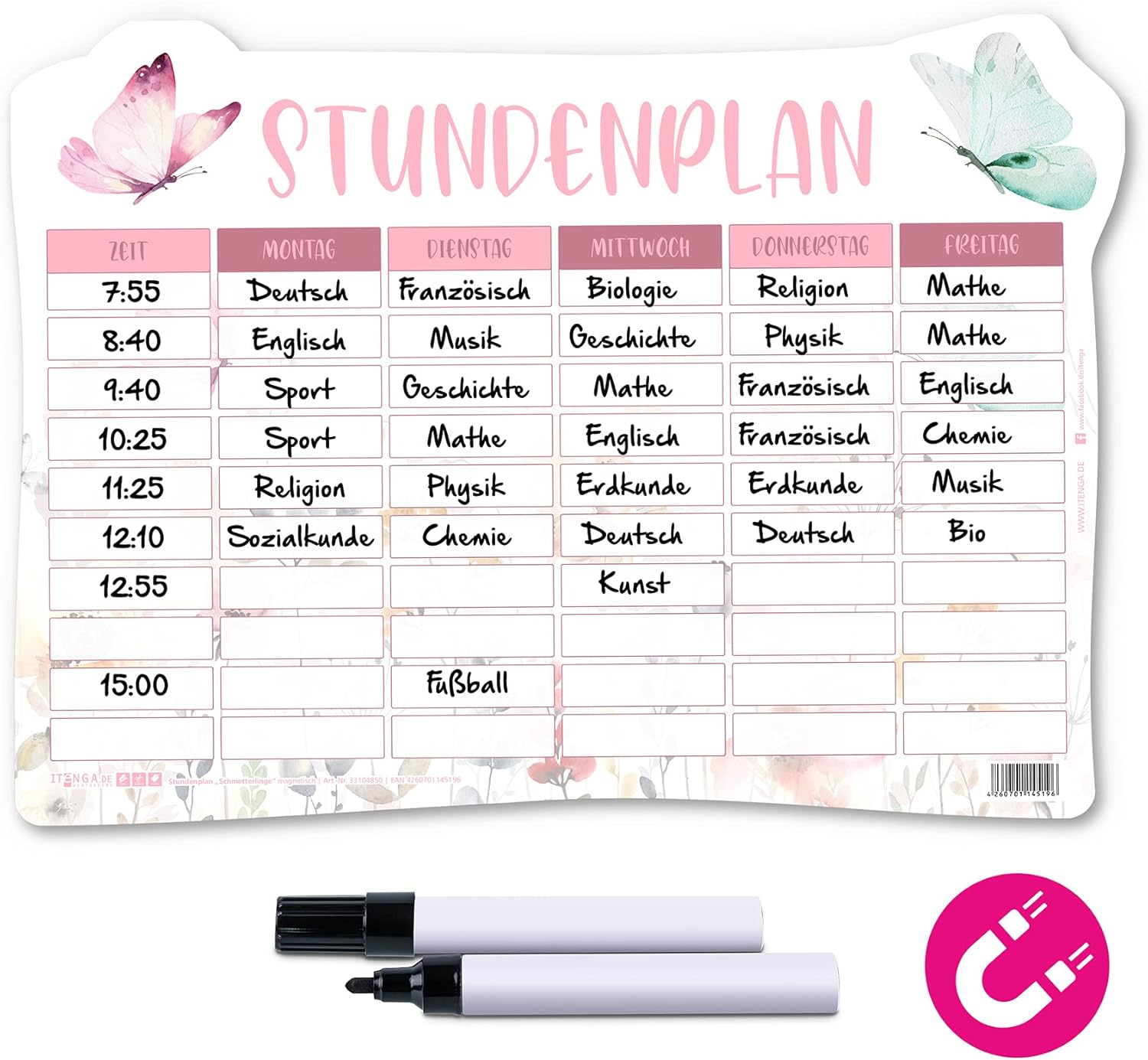 itenga Timetable DIN A4 Magnetic Butterfly Motif, 31 x 22.5 cm, Wipe-Clean, e.g. for the Fridge for Girls (Butterfly) – Bild 2