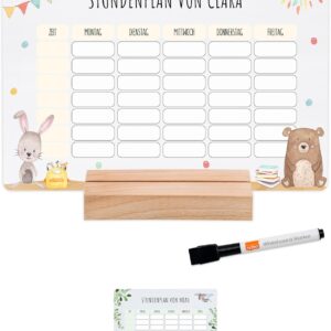 wunderwunsch® – Personalised & Washable Acrylic Timetable + Pen and Wooden Holder – School Gift for First Day of School or Primary School (Bar and Rabbit, without Wooden Holder)