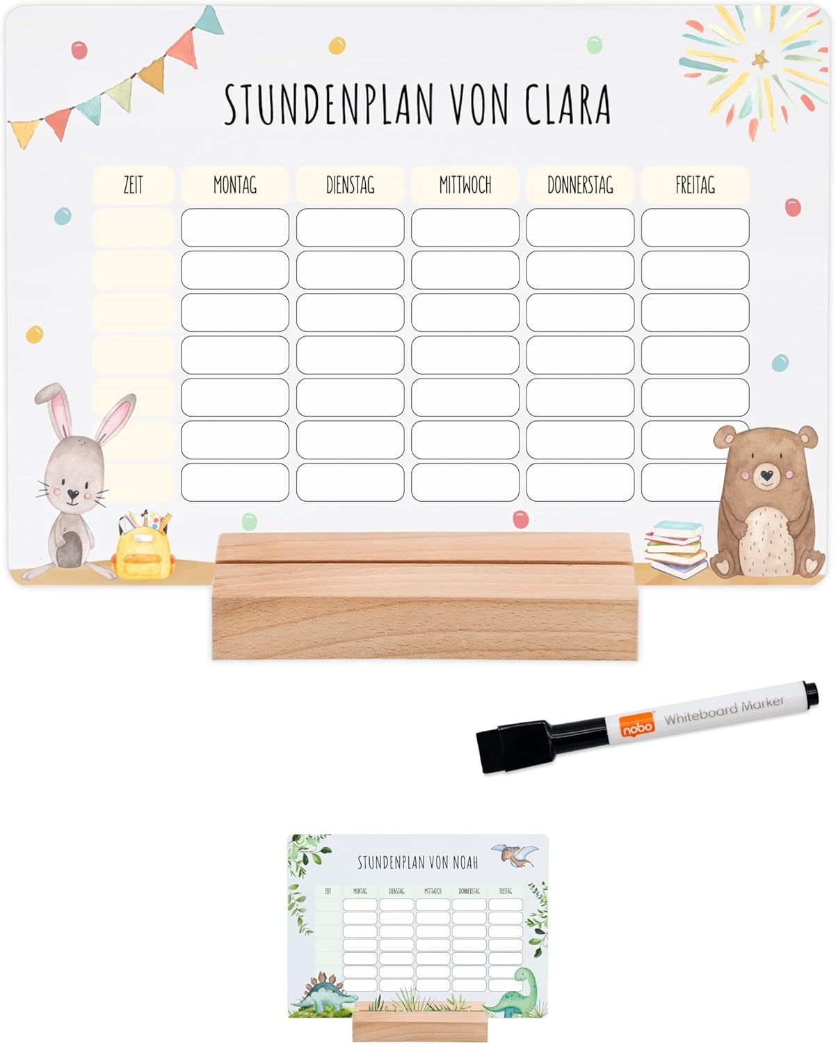 wunderwunsch® - Personalised & Washable Acrylic Timetable + Pen and Wooden Holder - School Gift for First Day of School or Primary School (Bar and Rabbit, without Wooden Holder)