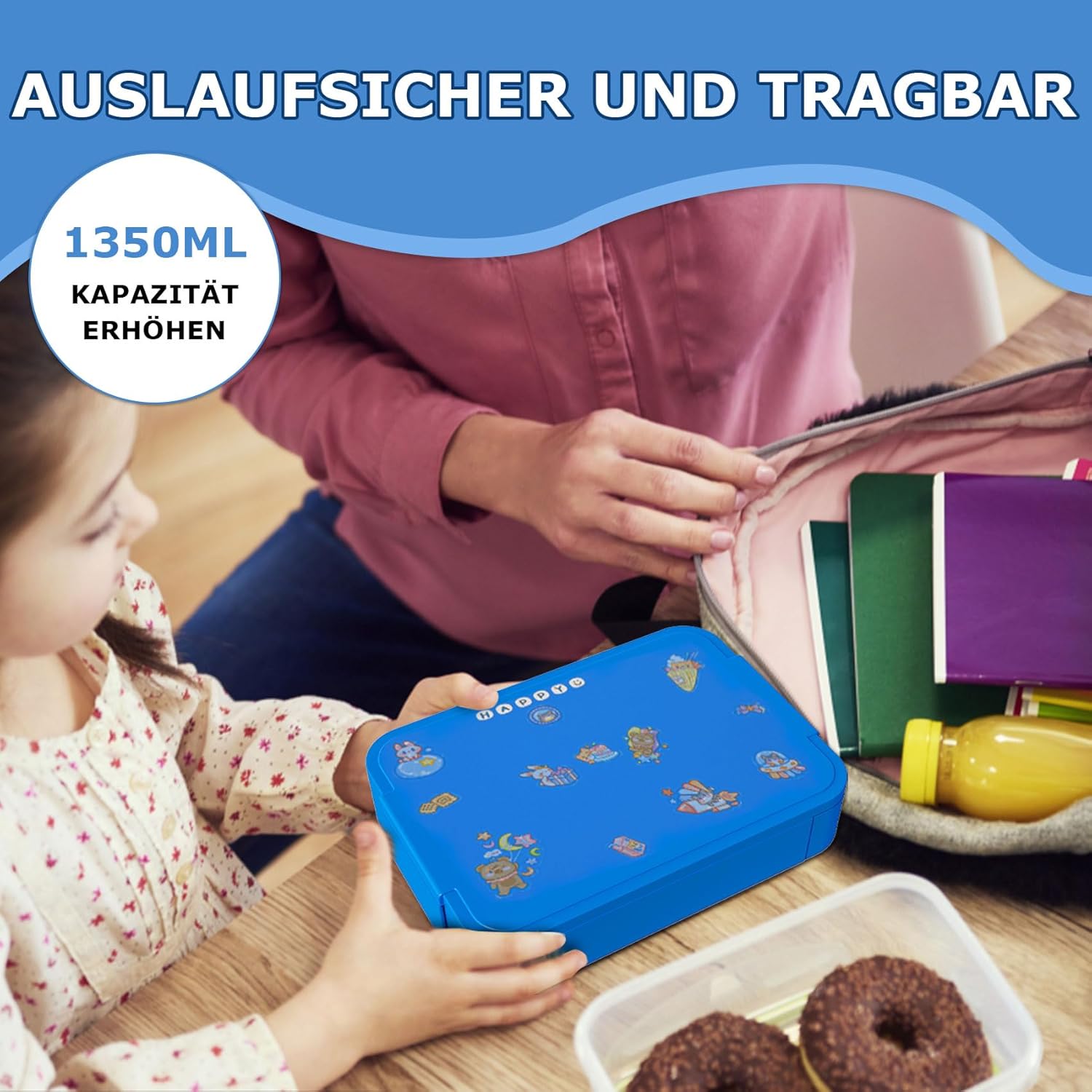 Children's Lunch Box with Compartments, 1350 ml, Leak-Proof Bento Box is Microwave and Freezer Safe, Adult Lunch Box, Snack Box (Blue) – Bild 5