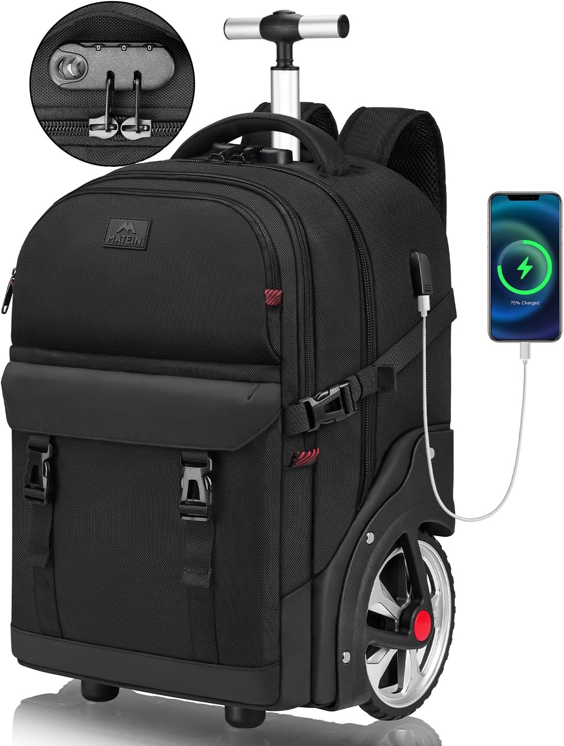 MATEIN Trolley Backpack with Wheels, 17.3 Inch Trolley Backpack with Large Wheels, 50 L Travel Backpack with Wheels Including USB Charging Port & Combination Lock, Waterproof for Work Travel, Black