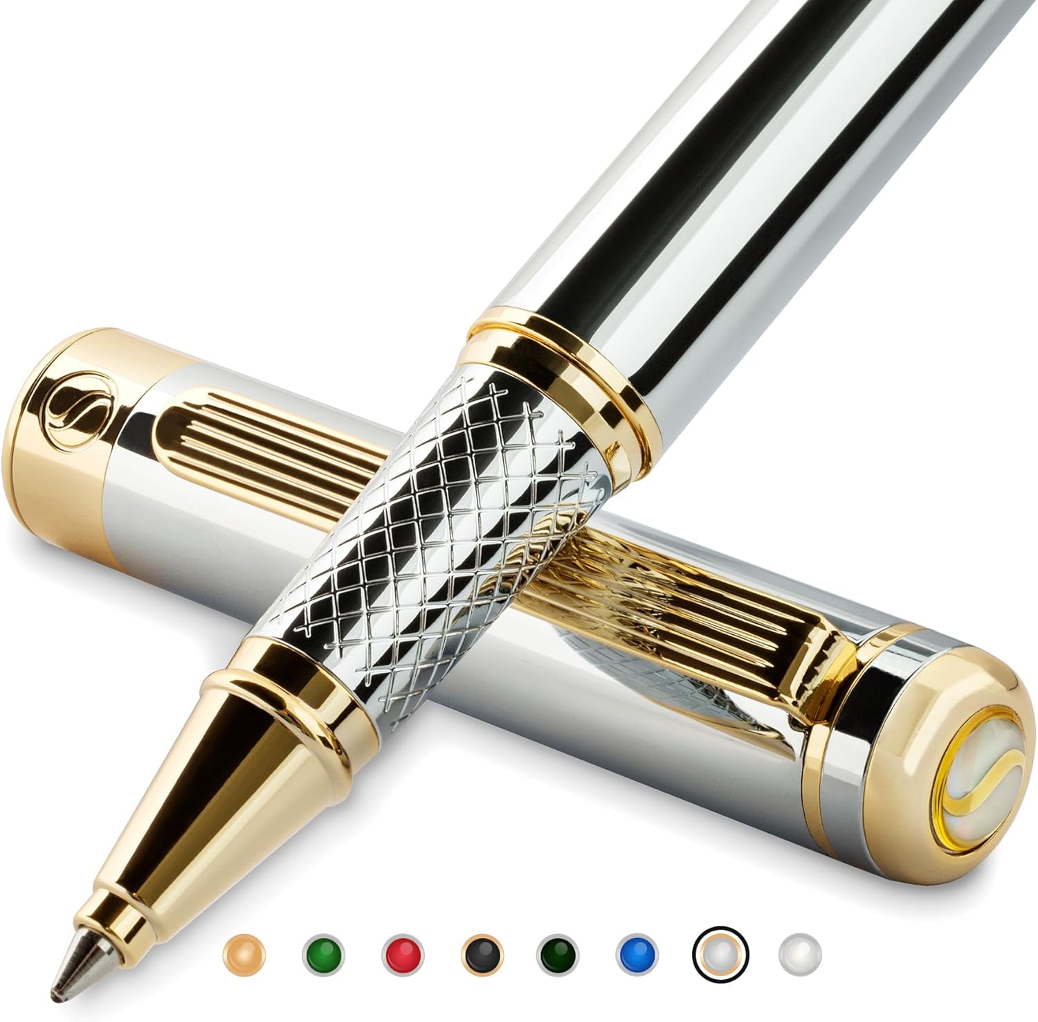 Scriveiner Ballpoint Pen - High Quality Design Rollerball Pen with 24 Carat Details, Black Schmidt Refill, Gift Box, Office Set, Beautiful Professional Ballpoint Pen (Silver)