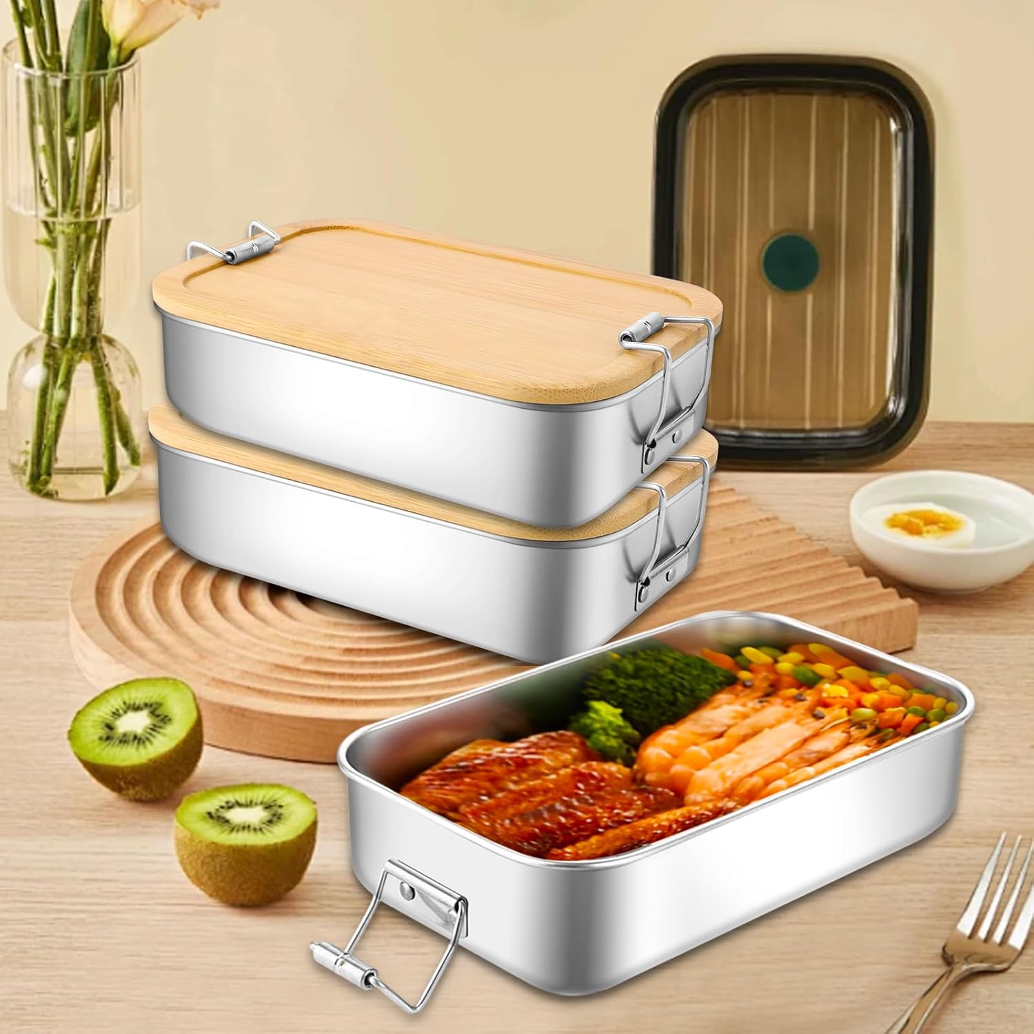 SHUESS Set of 2 Stainless Steel Children's Lunch Box 700 ml with Bamboo Lid - Leak-proof Metal Lunch Box Stainless Steel Reusable - Lunch Boxes, Lunch Box Stainless Steel Metal for School Adults – Bild 7
