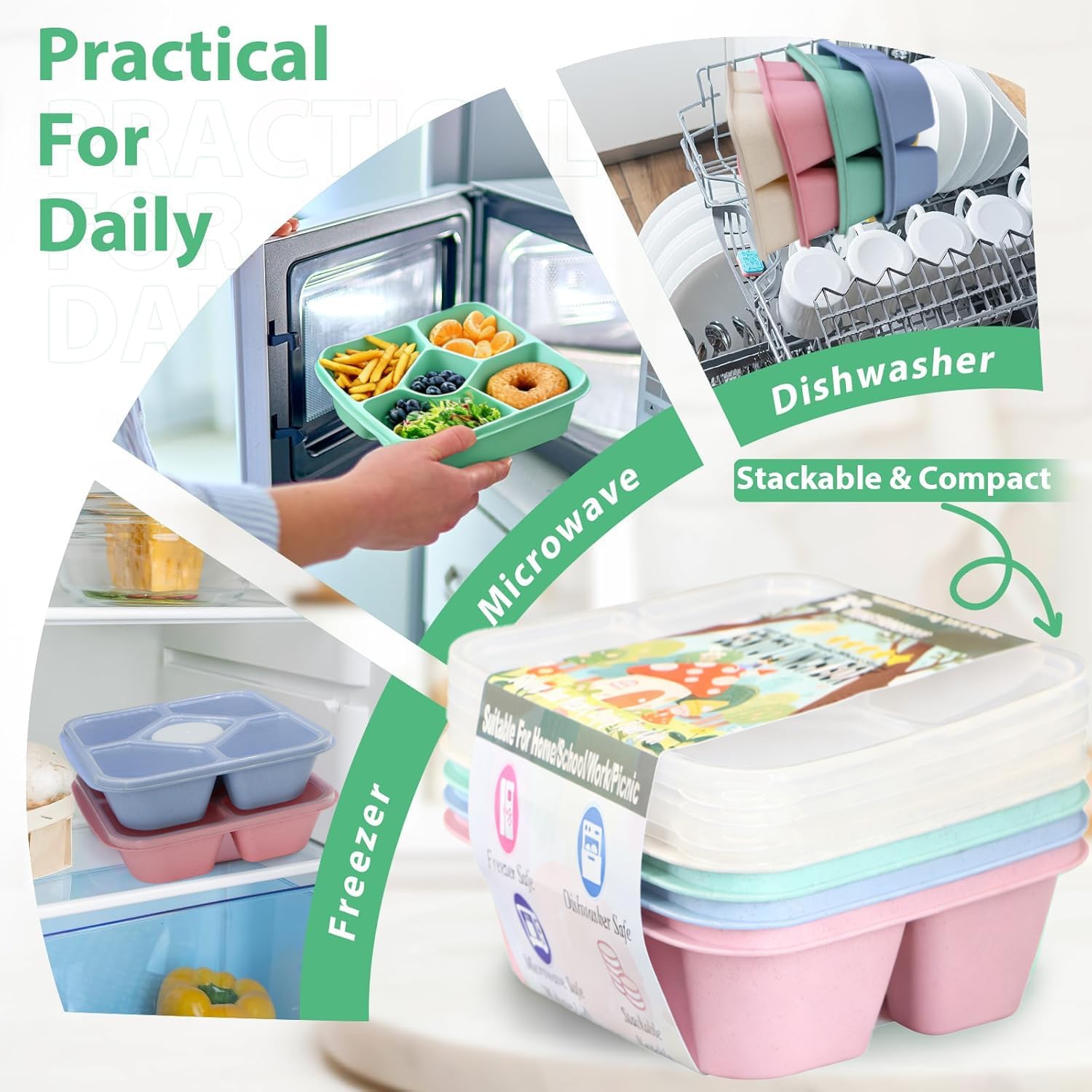 Snack Box with 5 Compartments, 4 Leak-Proof Salad Containers, With Transparent Lid BPA Free, Dishwasher Safe. Perfect as Meal Prep Boxes. For Adults and Children – Bild 4