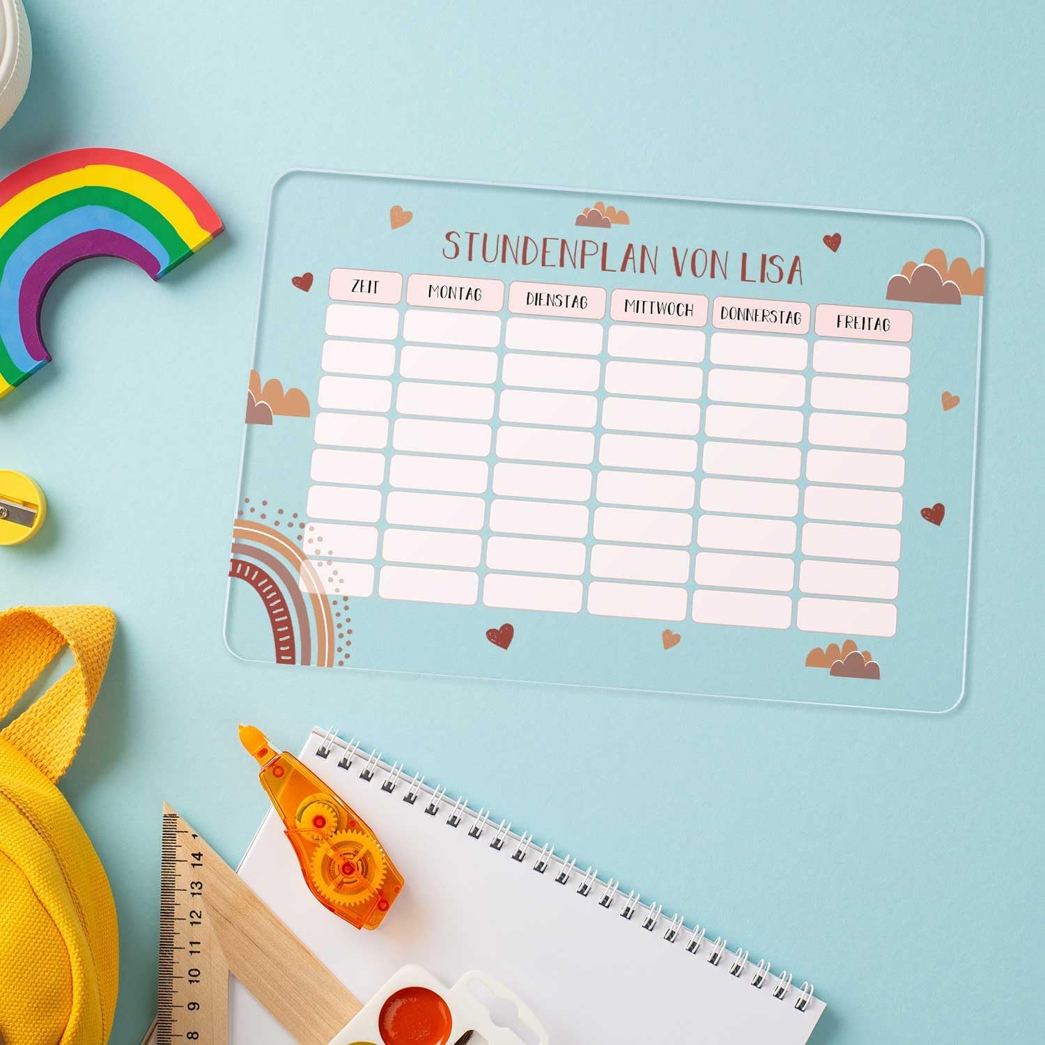GRAVURZEILE Personalised Timetable - Rainbow with Name - Wipe-Clean Weekly Planner for Children Including Pen - Gift for the School Cone for First Day of School - Colour: Red – Bild 4