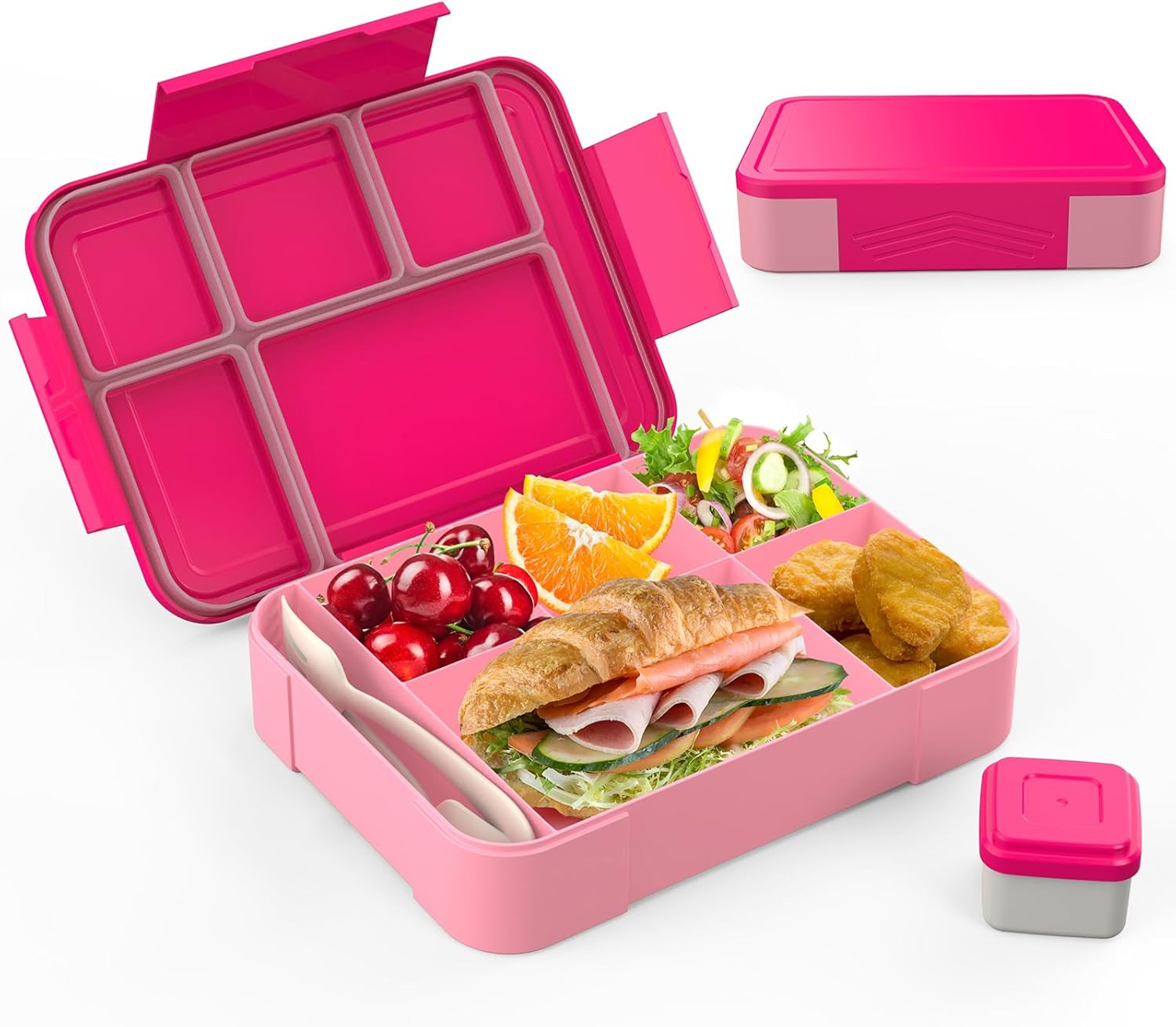 Children's Lunch Box with Compartments, 1300 ml Lunch Box Children, Bento Box with 5 Compartments, Cutlery Set, Leak-Proof Lunch Box for Nursery, School, Picnic, Excursion (Pink)