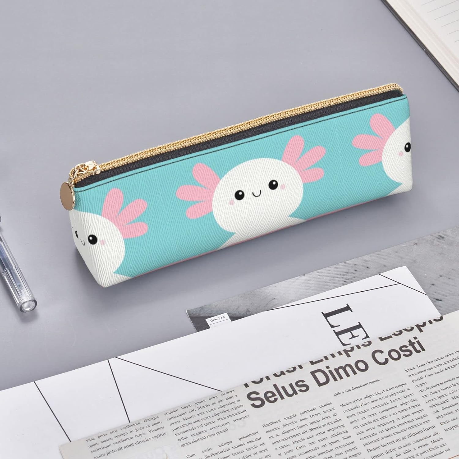Kawaii Axolotl-Tiermuster-Bleistiftbeutel, dreieckiges Stiftetui, tragbarer Bleistiftbeutel, Leder-Organizer mit Reißverschluss, Kosmetiktasche – Bild 8