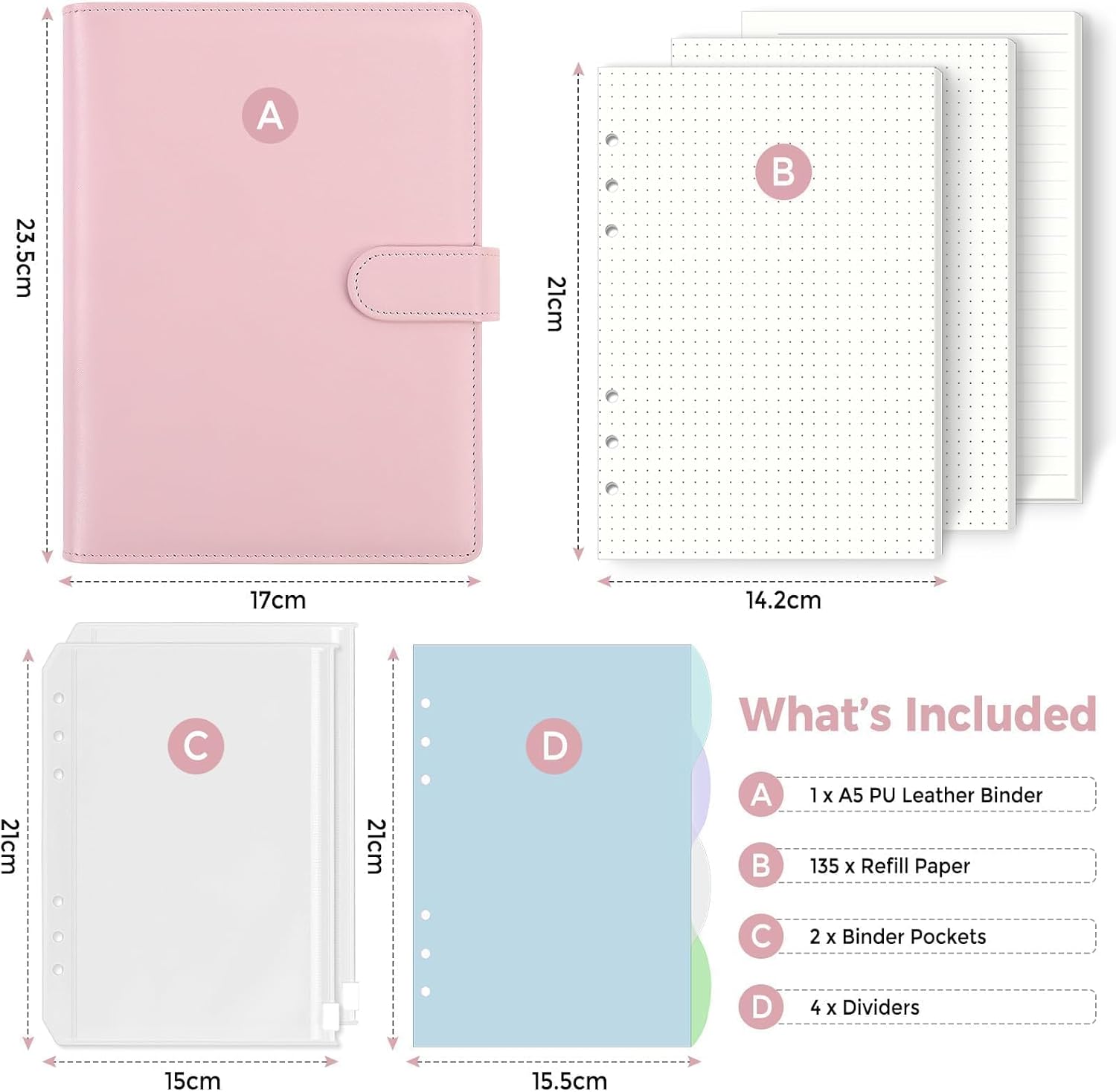 SKYDUE A5 Ring Binder, A5 Refillable, 135 Sheets Refill Paper, Notebook with Binder Pockets, A5 Binder for School Notes and Travel Journals (Light Pink) – Bild 2