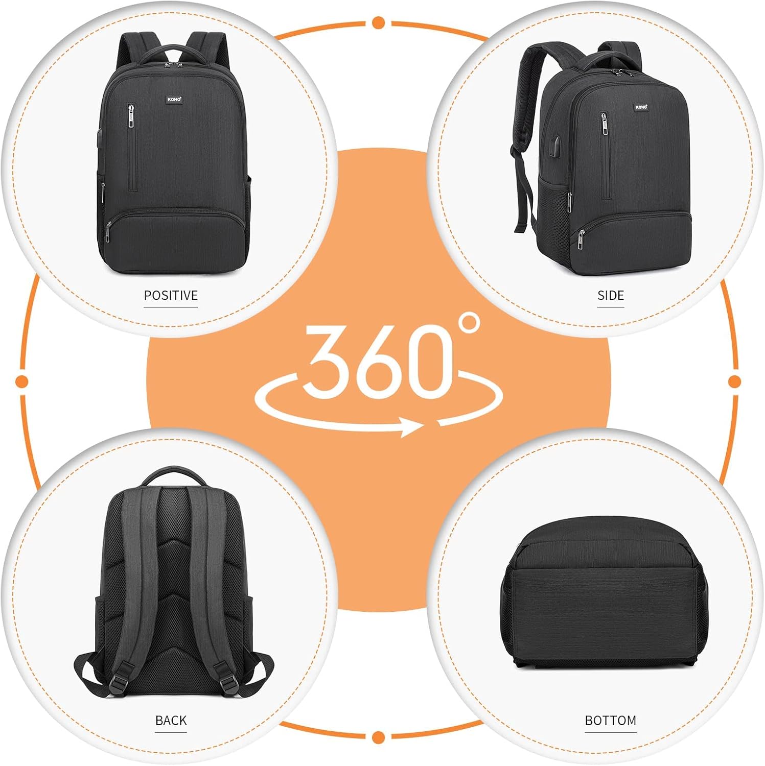 Kono Reise-Laptop-Rucksack mit USB-Ladeanschluss, wasserabweisend, für Arbeit, Business, Computertasche, Schultasche, Rucksack für Damen und Herren, lässiger Tagesrucksack, passend für 39,6 cm (15,6 – Bild 3
