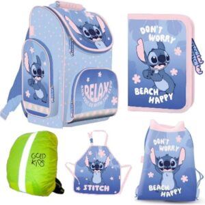 PASO - Schulranzen für Jungen und Mädchen, 5/11er-Set - Schul-Rucksack für Kinder mit Federmäppchen- Schuhbeutel und Regenschutz- Stitch