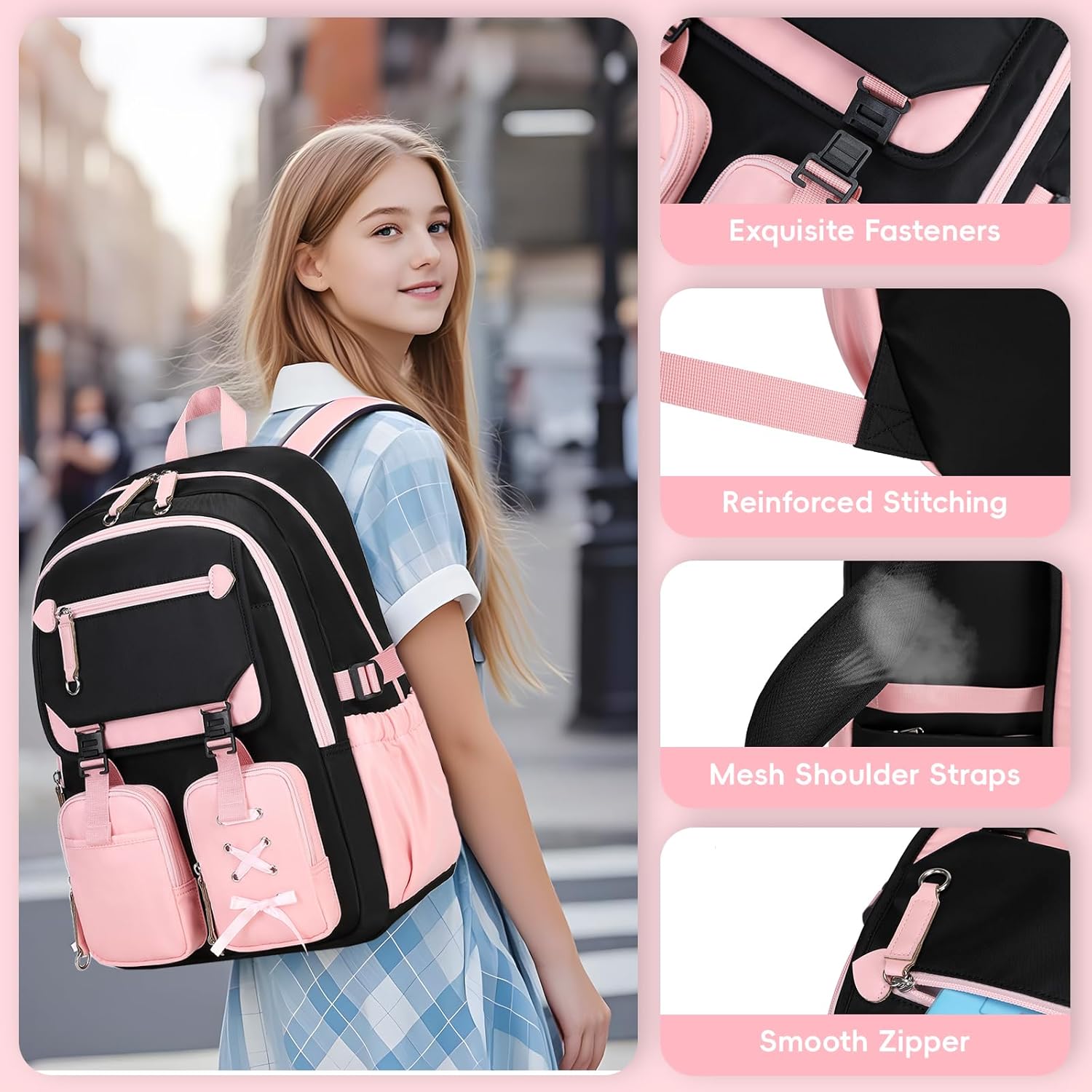 Tanou School Backpack Girls Teenagers 3-Piece Casual School Bag for Girls with Lunch Bag Pencil Case Stylish Multiple Compartments Children's School Bag Casual Daypack – Bild 2