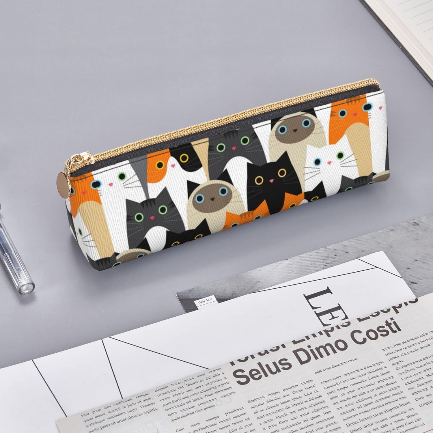 Cute Animal Cat Pencil Case Triangle Pencil Case Portable Pencil Case Leather Organizer Zipper Cosmetic Bag, White, Bag organiser – Bild 8
