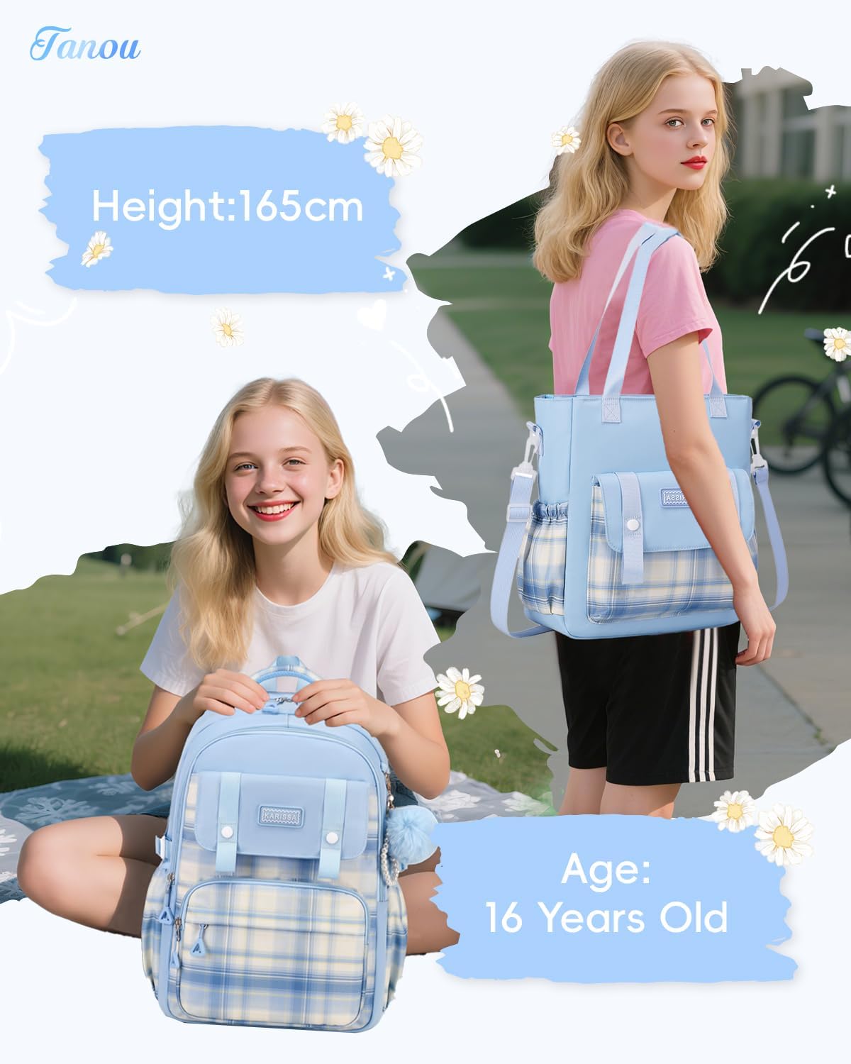 Tanou Backpack School Girls Teenagers Large School Backpack Set with Student Shoulder Bag, Checked Pattern Casual Daypack Kids School Bag for Girls, 26 L, Blue – Bild 2