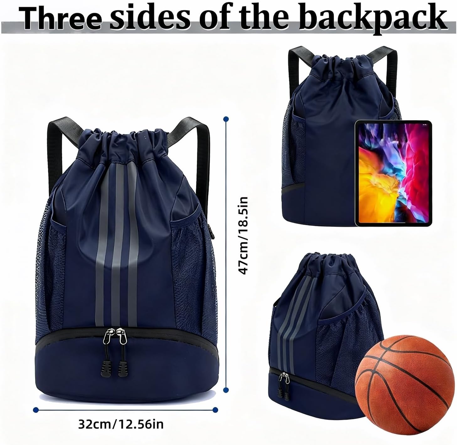 Gym Bag with Drawstring, Large Blue Sports Bag, Waterproof, Sports Bag with Shoe Compartment, Sports Backpack Gym Bag with Inner Pocket, Swimming Backpack Children with Wet Compartment, Swimming Bag – Bild 2