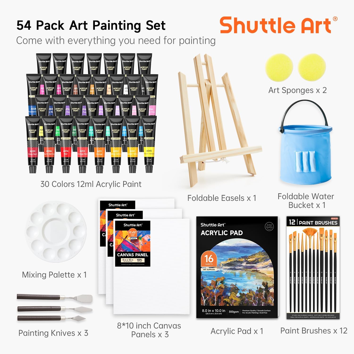 Shuttle Art 54-Piece Acrylic Paint Set, Professional Painting Set with Table Easel, 30 Acrylic Paints, Canvas, Brush, Palette, Complete Accessories, Painting Set for Children and Adults with Easel Wood – Bild 3