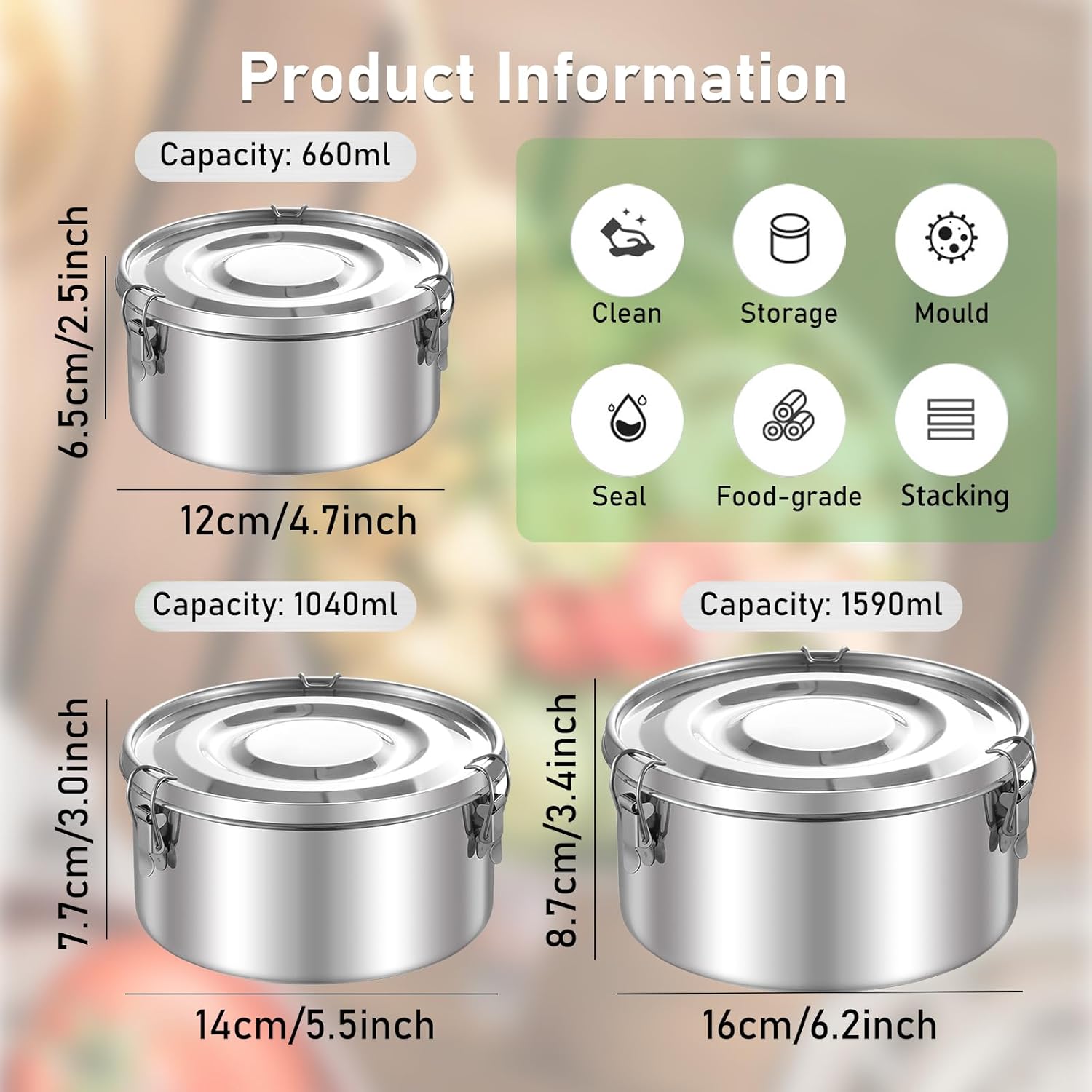Lunch Box Stainless Steel Round, Pack of 3 Adult Lunch Box, Leak-Proof, BPA-Free Lunch Box for Adults and Children, Portable and Environmentally Friendly Lunch Box, 660, 1040, 1590 ml – Bild 2