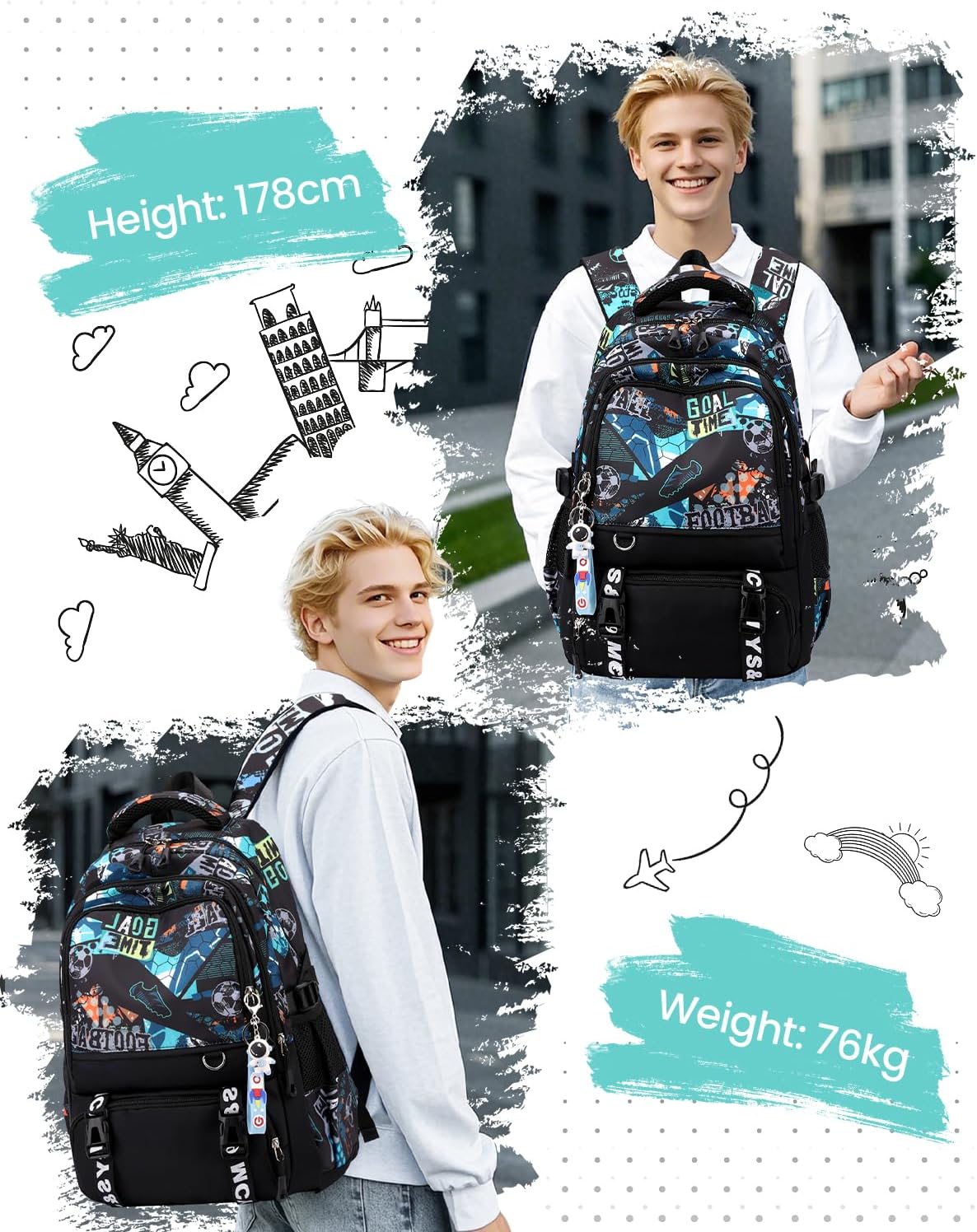Tanou School Backpack Boys Teenagers, Football Print School Bag for Boys 10-18 Years, Waterproof School Bag Large Daypack for School Travel with Trolley Strap, Black/Green – Bild 6