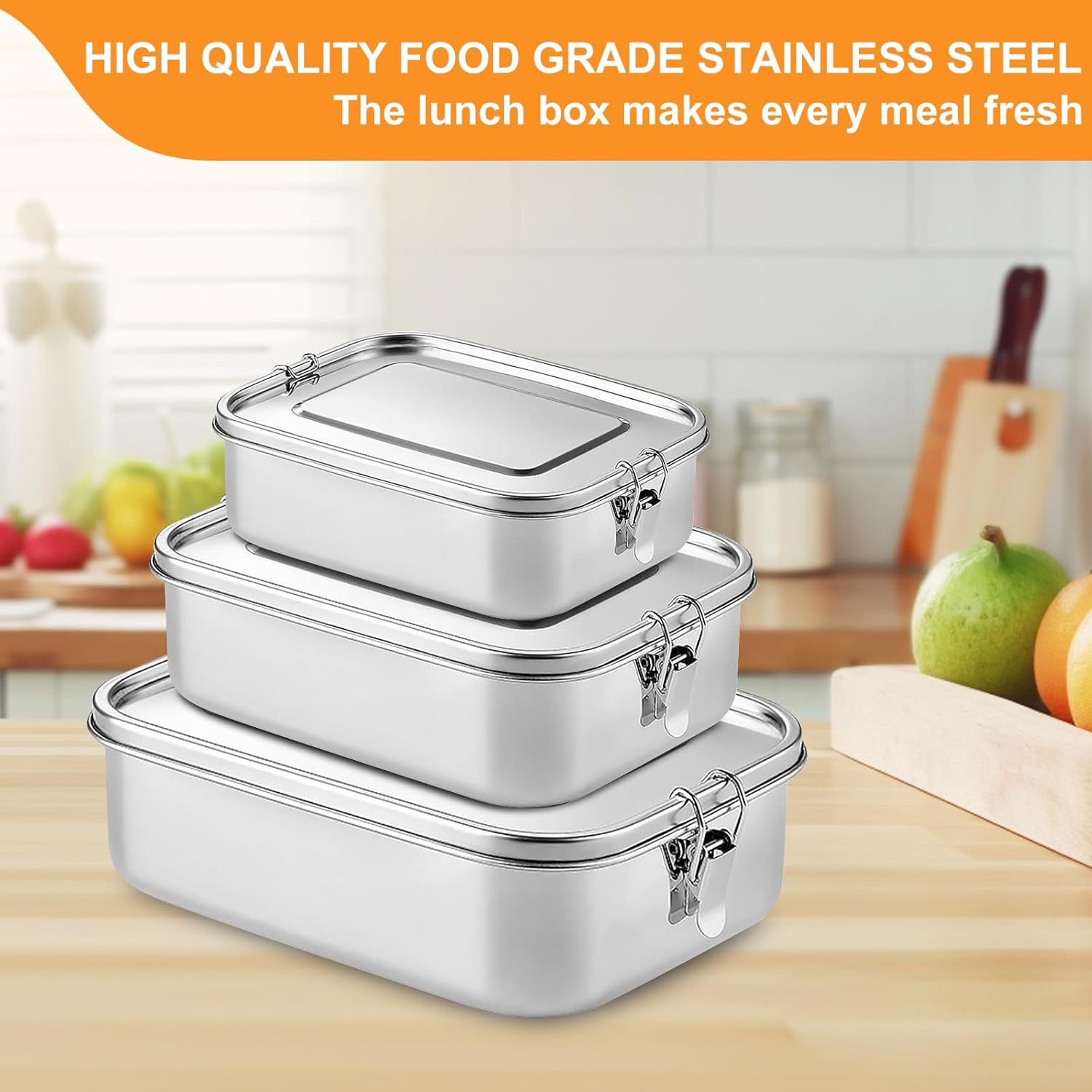 Stainless Steel Lunch Box, Pack of 3, Lunch Box, Leak-Proof Lunch Box with Compartments and Sealing Ring in Volumes 2400 ml, 1400 ml and 850 ml, 304 Steel Bento Boxes for School, Work – Bild 4