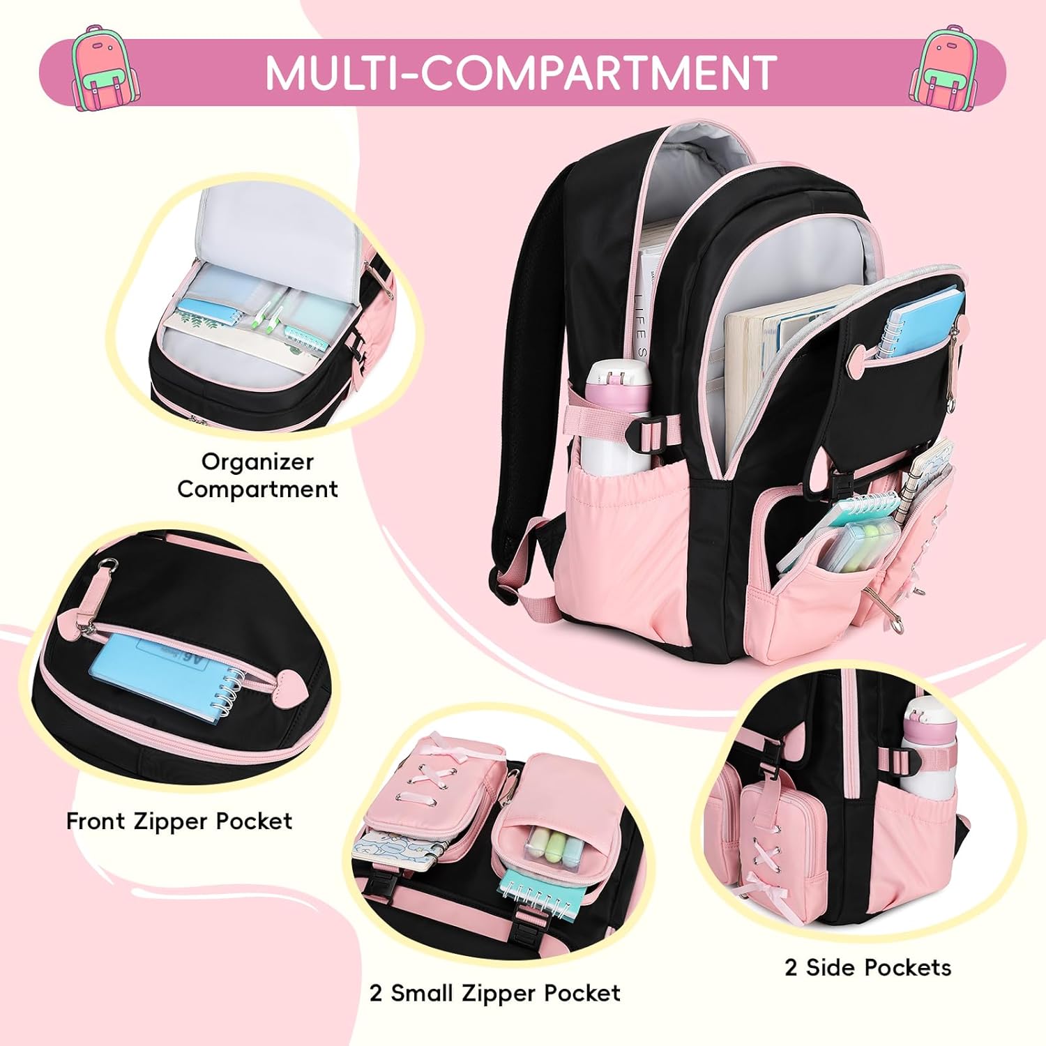 Tanou School Backpack Girls Teenagers 3-Piece Casual School Bag for Girls with Lunch Bag Pencil Case Stylish Multiple Compartments Children's School Bag Casual Daypack – Bild 4