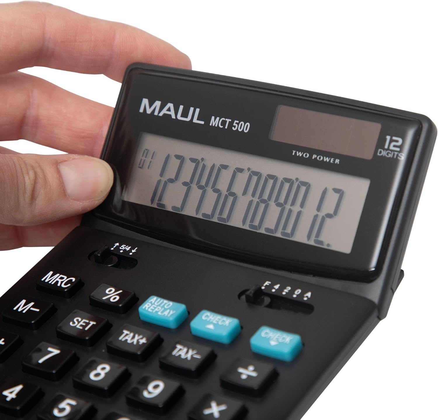 MAUL Commercial Calculator MCT 500 | Calculator with Commercial Functions and 12-Digit Display | Large Angled Display | Includes Tax Calculation | Solar/Battery | Black – Bild 4
