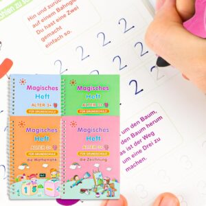 German Magic Exercise Books with Pen 19 x 13 cm Grooved Magic Learning Books Reusable Magic Exercise Book for Children Calligraphy, Mathematics, Drawing Pack of 4