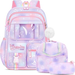 School Backpack Girls Set 3 in 1 with Lunch Bag Pencil Case, 2025 Backpack School Children's School Bag with Chest Strap Reflective, School Bag Kawaii Water-Repellent 26L, 6777, purple