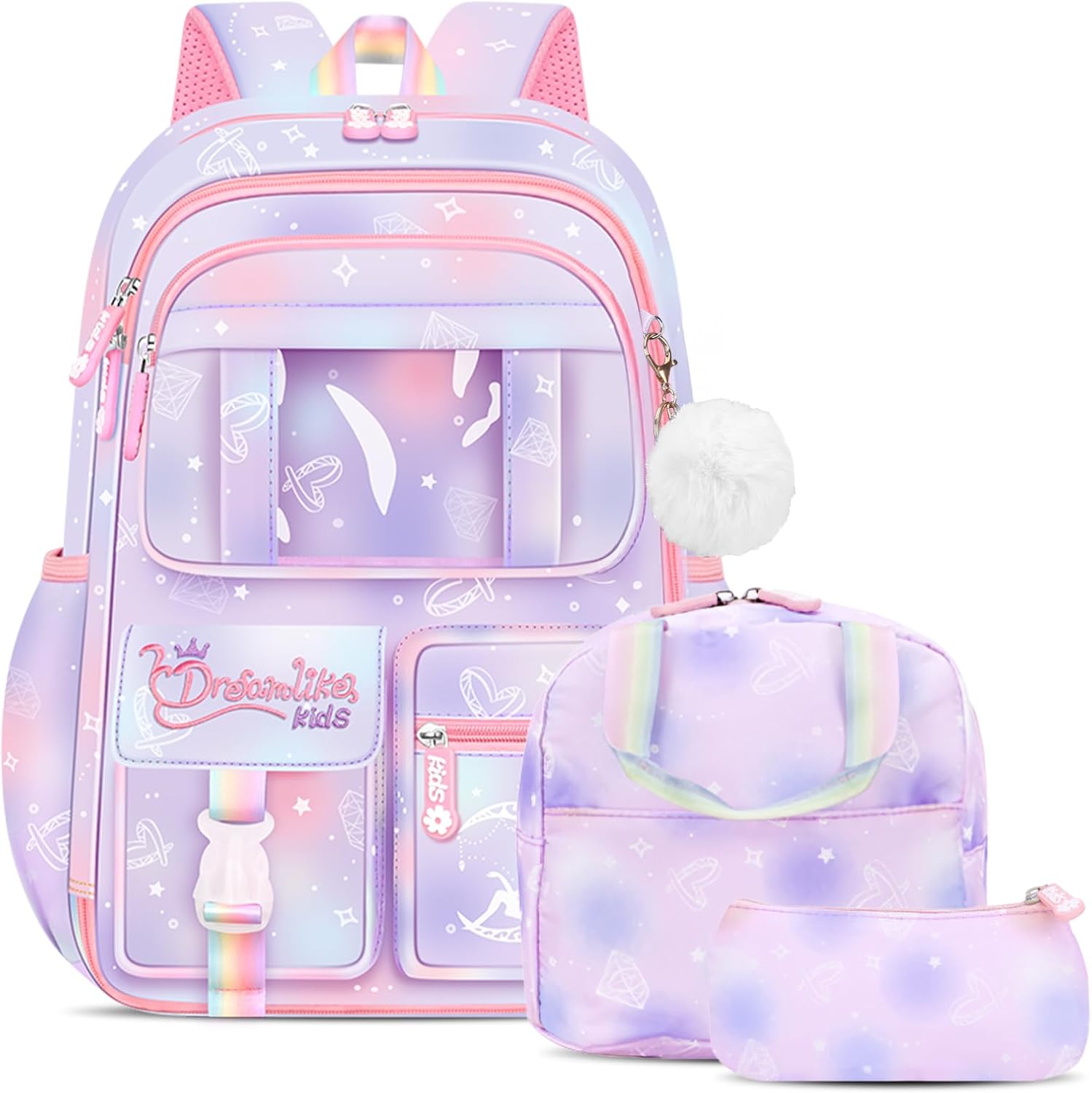 School Backpack Girls Set 3 in 1 with Lunch Bag Pencil Case, 2025 Backpack School Children's School Bag with Chest Strap Reflective, School Bag Kawaii Water-Repellent 26L, 6777, purple