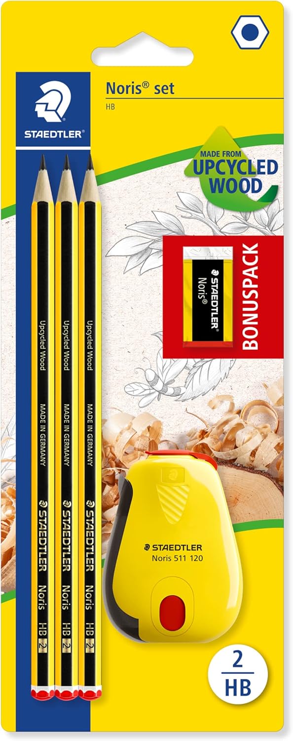 Staedtler Noris HB Hexagonal Pencils, Set of 3 Incredibly Shatterproof Pencils, 1 Twist Sharpener, 1 Eraser, High Quality, Made in Germany, 120 SBK3P2