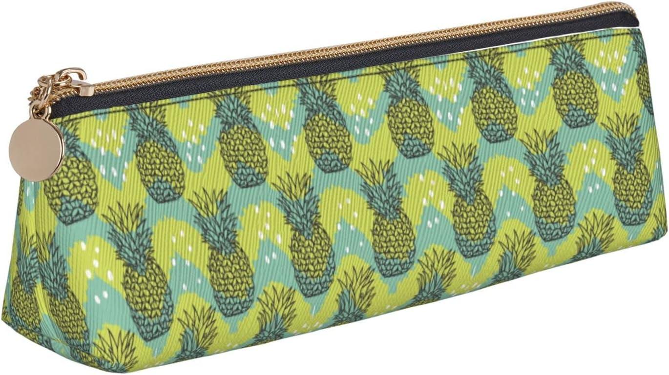 Tropical Fruit and Pine Pattern Pencil Case Cosmetic Bag Pen Pouch Triangle Leather Storage Bag Stationery Organizer with Zipper for Adults Office, Tropical Fruit Of Pineapple Pattern 01, Bag