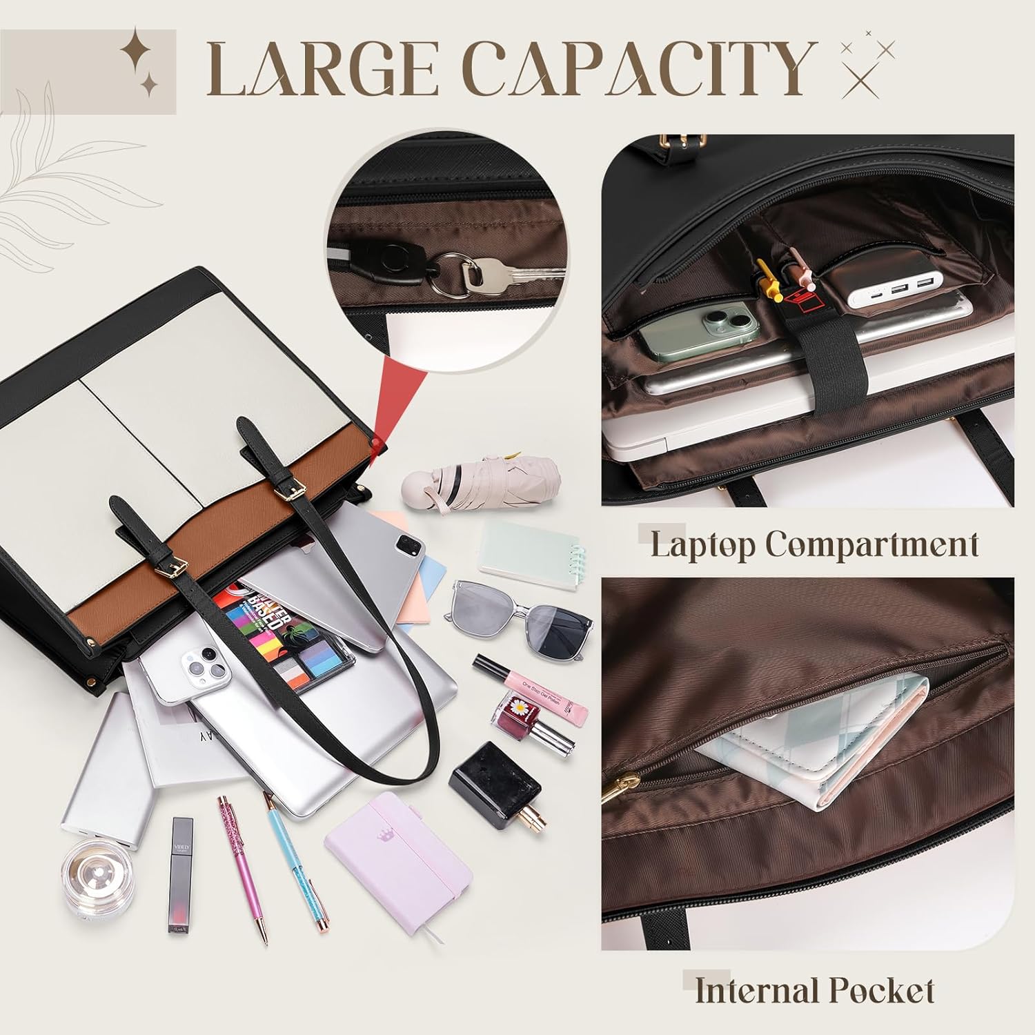 RAINSMORE Women's Laptop Bag with Insulated Lunch Compartment 15.6 Inch Handbag Women's Large PU Leather Work Bag Briefcase Waterproof Shoulder Bag for Work School, Black, brown, white – Bild 5