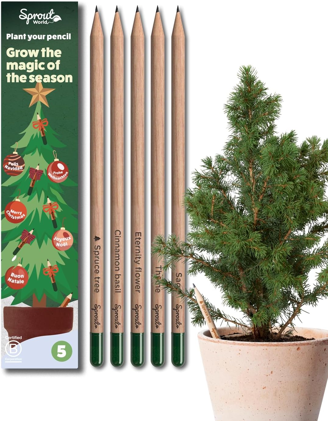 Sprout World Plantable Pencils | Xmas Edition | Wooden Housing | Pre-Sharpened | Pack of 5 | HB Wooden Pens with Assortment of Winter Seeds, Christmas Stocking Filler