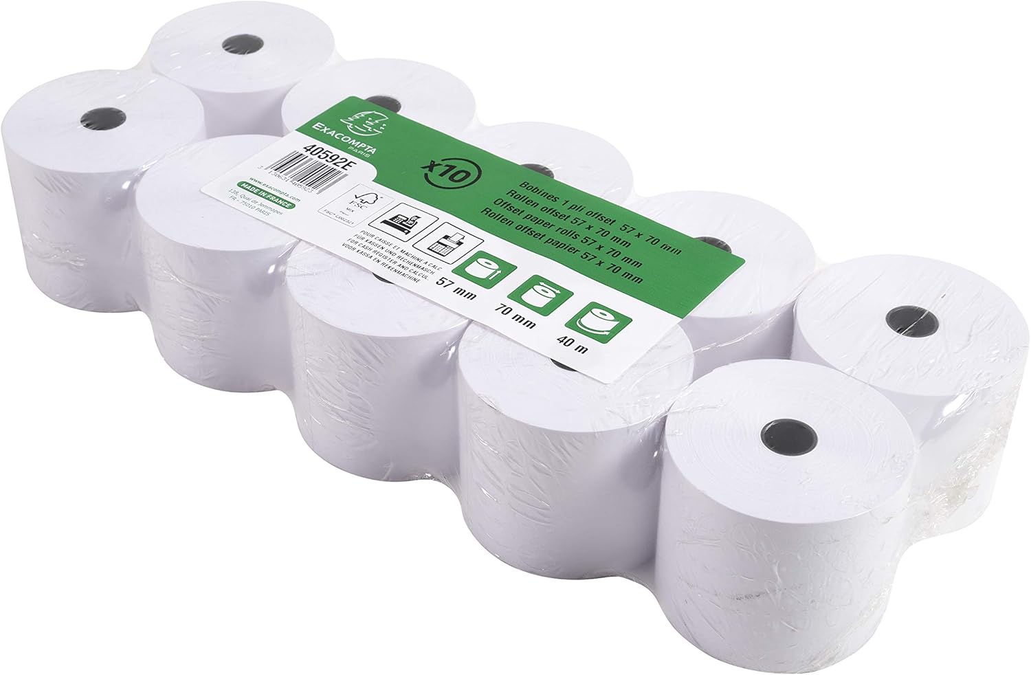 Exacompta 40592E Pack of 10 Till Rolls, 1-Ply Offset (Wood-Free) Standard, Width: 57 mm, Length 40 m, Diameter Core 12 mm, 60 g/m² Extra for Inkjet Printing, Cash Registers, Desktop Calculators and