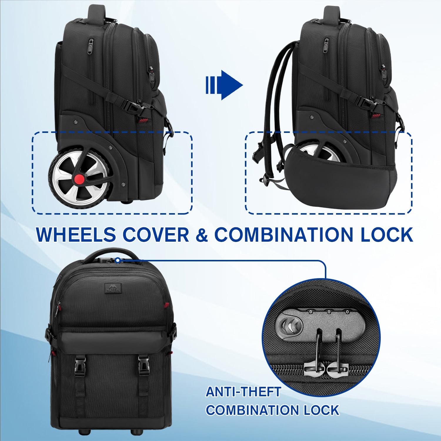 MATEIN Trolley Backpack with Wheels, 17.3 Inch Trolley Backpack with Large Wheels, 50 L Travel Backpack with Wheels Including USB Charging Port & Combination Lock, Waterproof for Work Travel, Black – Bild 3