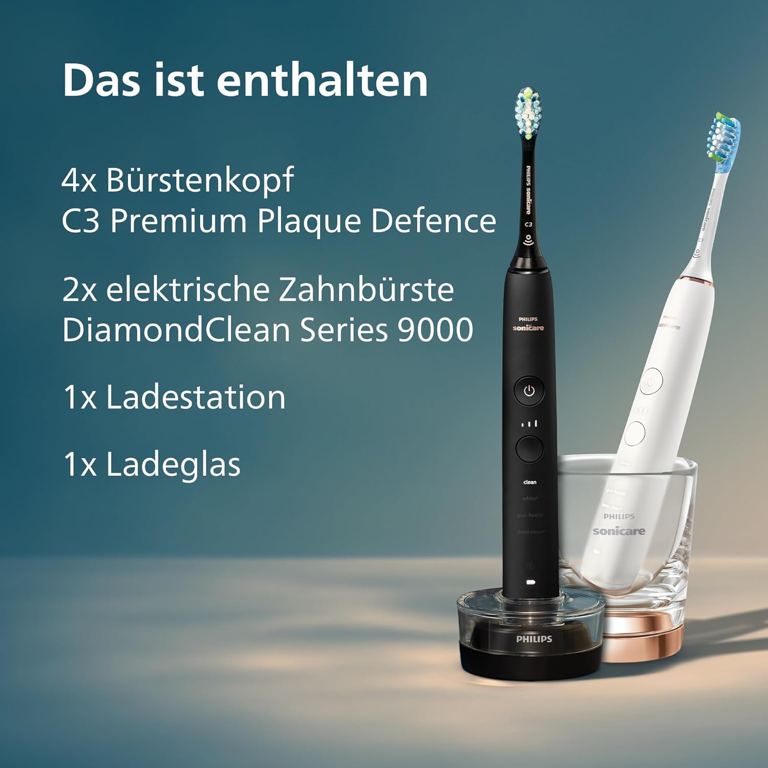 Philips Sonicare DiamondClean 9000 Electric Toothbrush, Twin Pack, with Sound Technology Including App, Pressure Sensor, 4 Cleaning Modes, 3 Intensity Levels, Black and Rose Gold, Model HX9914/61 – Bild 9