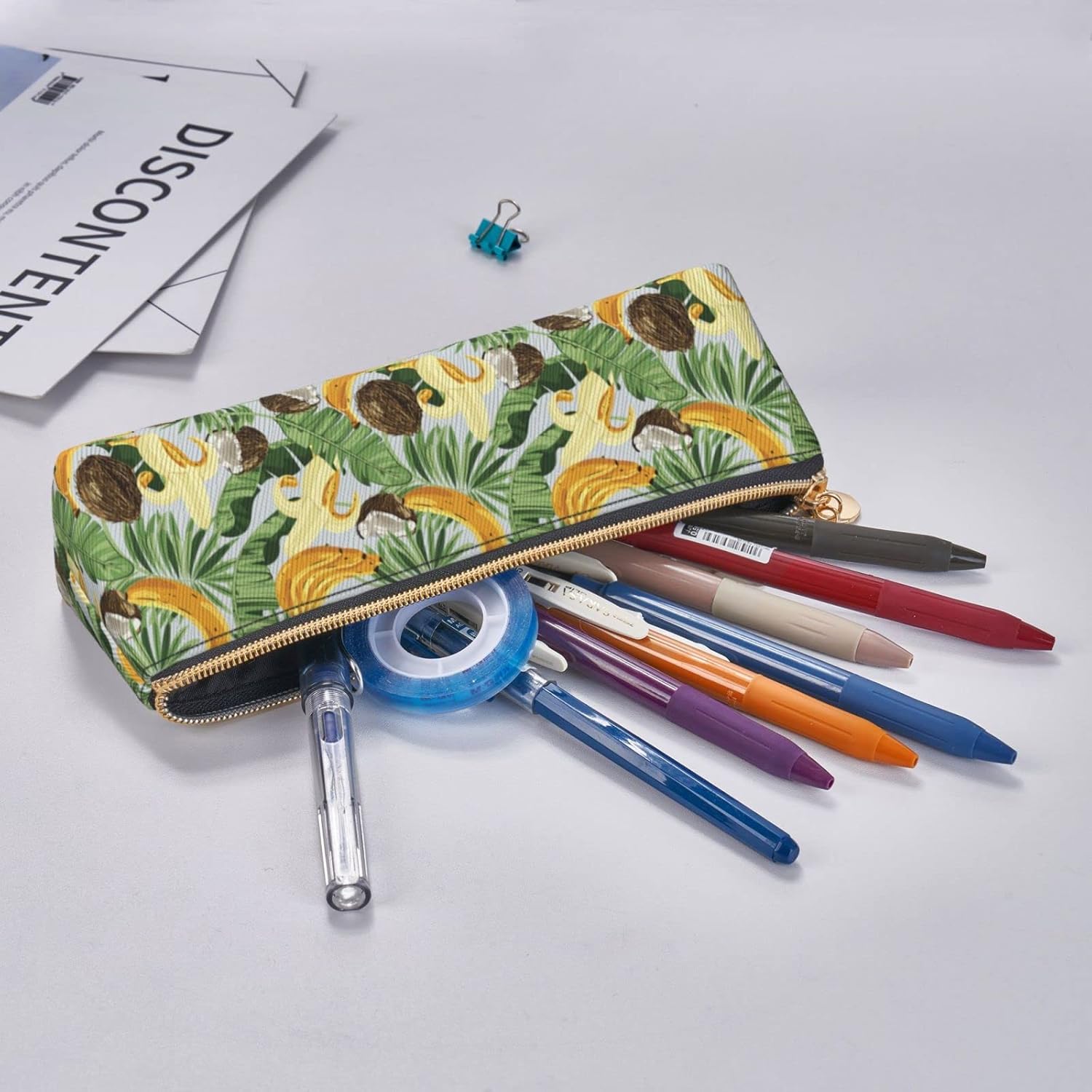Federmäppchen mit tropischem Bananen-Kokosnuss-Muster, Kosmetiktasche, Stifttasche, dreieckiges Leder, Aufbewahrungstasche, Reißverschluss, Schreibwaren-Organizer für das Büro von Erwachsenen – Bild 7