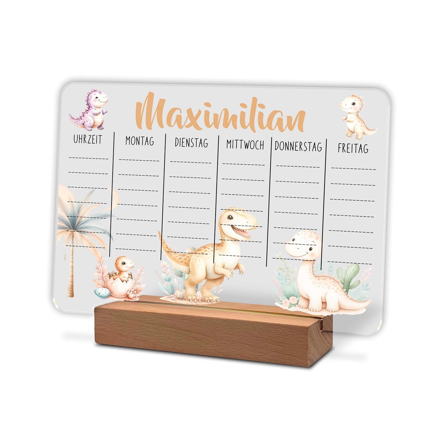 Personalised Acrylic Glass Timetable 20 x 15 cm with Name Optional LED Wooden Base Warm White Gift for Starting School Primary School Dino