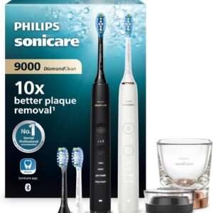 Philips Sonicare DiamondClean 9000 Electric Toothbrush, Twin Pack, with Sound Technology Including App, Pressure Sensor, 4 Cleaning Modes, 3 Intensity Levels, Black and Rose Gold, Model HX9914/61