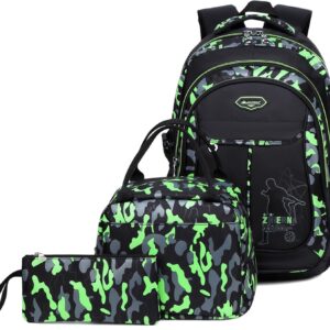 ZHIERNA School Backpack Boys Teenager Backpack Kids School Bags Children’s Backpack Camouflage Backpacks Teenagers School Daypacks Shoulder Bags Set with Lunch Pack and Pencil Case, Green, Camouflage