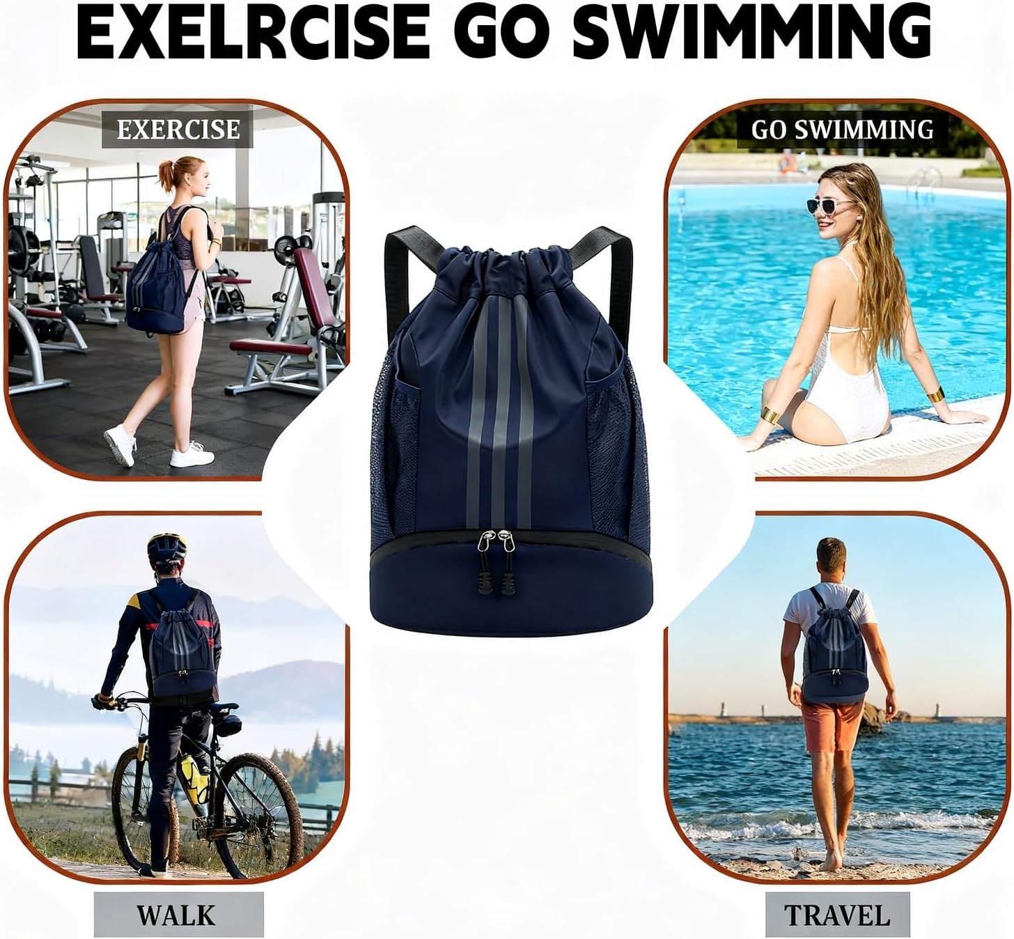 Gym Bag with Drawstring, Large Blue Sports Bag, Waterproof, Sports Bag with Shoe Compartment, Sports Backpack Gym Bag with Inner Pocket, Swimming Backpack Children with Wet Compartment, Swimming Bag – Bild 7
