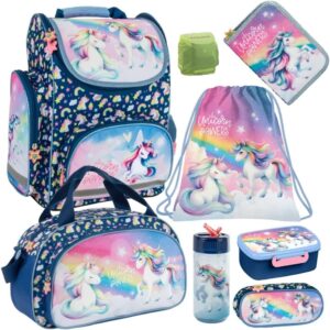 Familando Girls School Bag Set 8 Pieces Ergonomic Satchel with Reflectors from 1st Grade with Pencil Case and Gym Bag, Magic Unicorn - Unicorn, School bag set