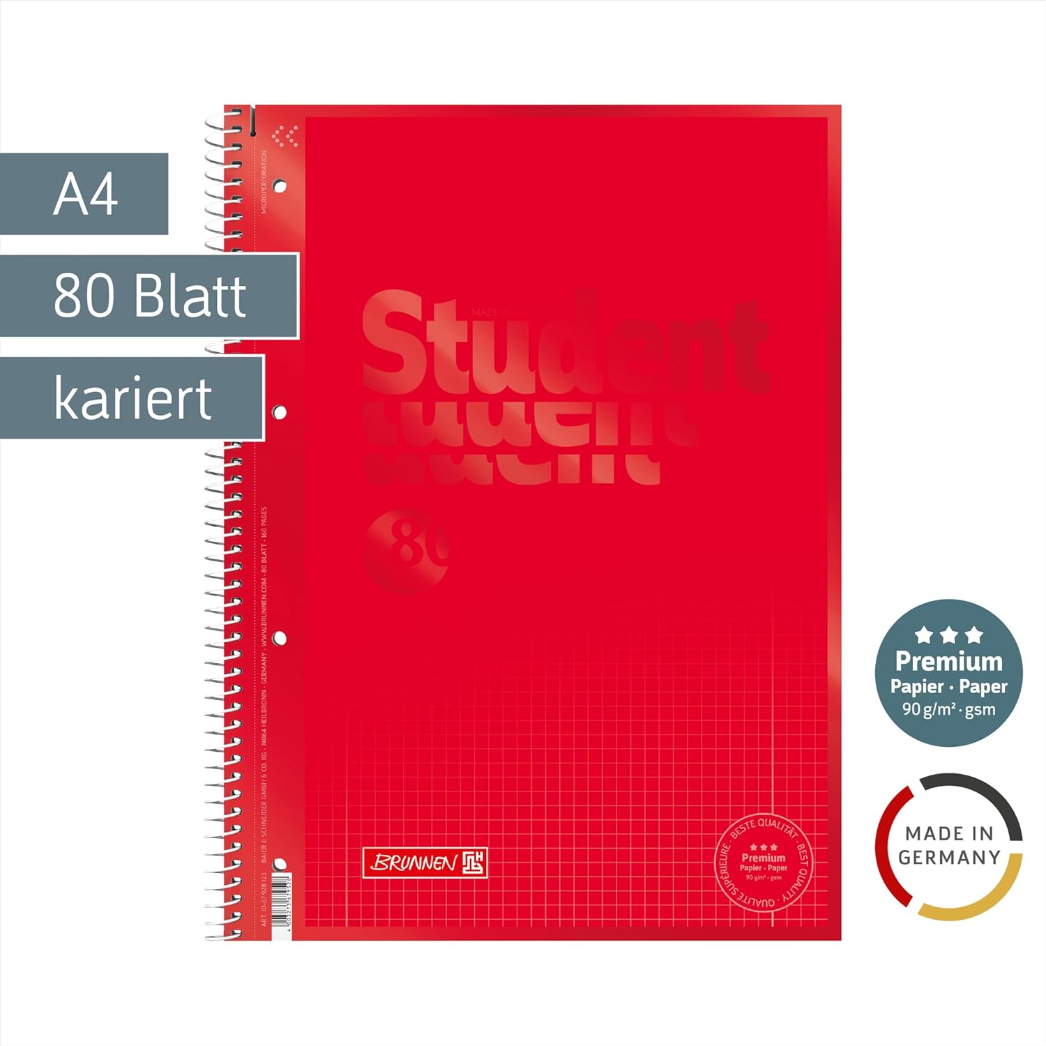 Brunnen 1067928190 Student Spiral-Bound Notebook, Squared, A4, Ruling: 28, 90 g/m², 80 sheets, red – Bild 2