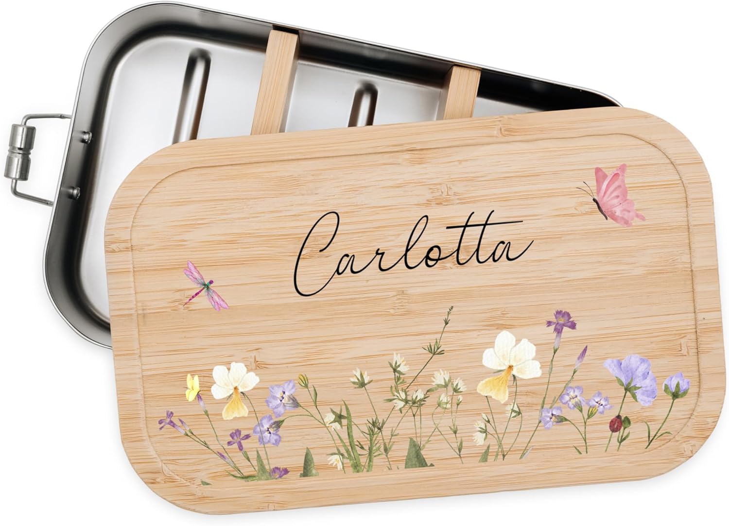 Personalised Lunch Box for Children with Special Print - Robust Stainless Steel Lunch Box - Personalised Gifts for Children and Adults (Flower Meadow, Small Tinplate)